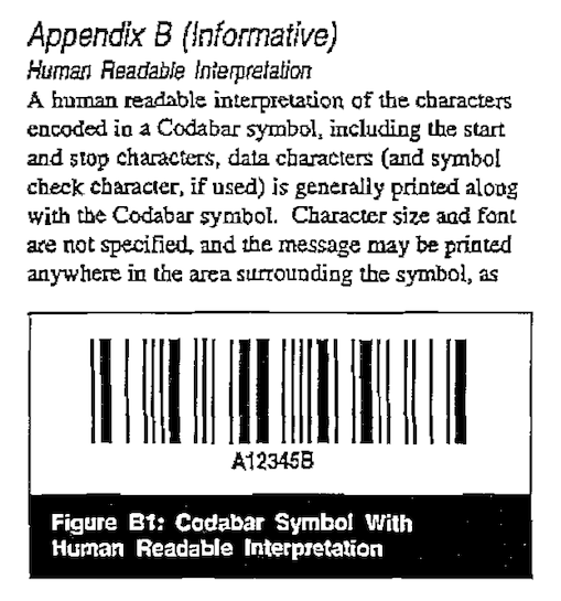 AIM specification note on start/stop characters being included in the human-readable interpretation