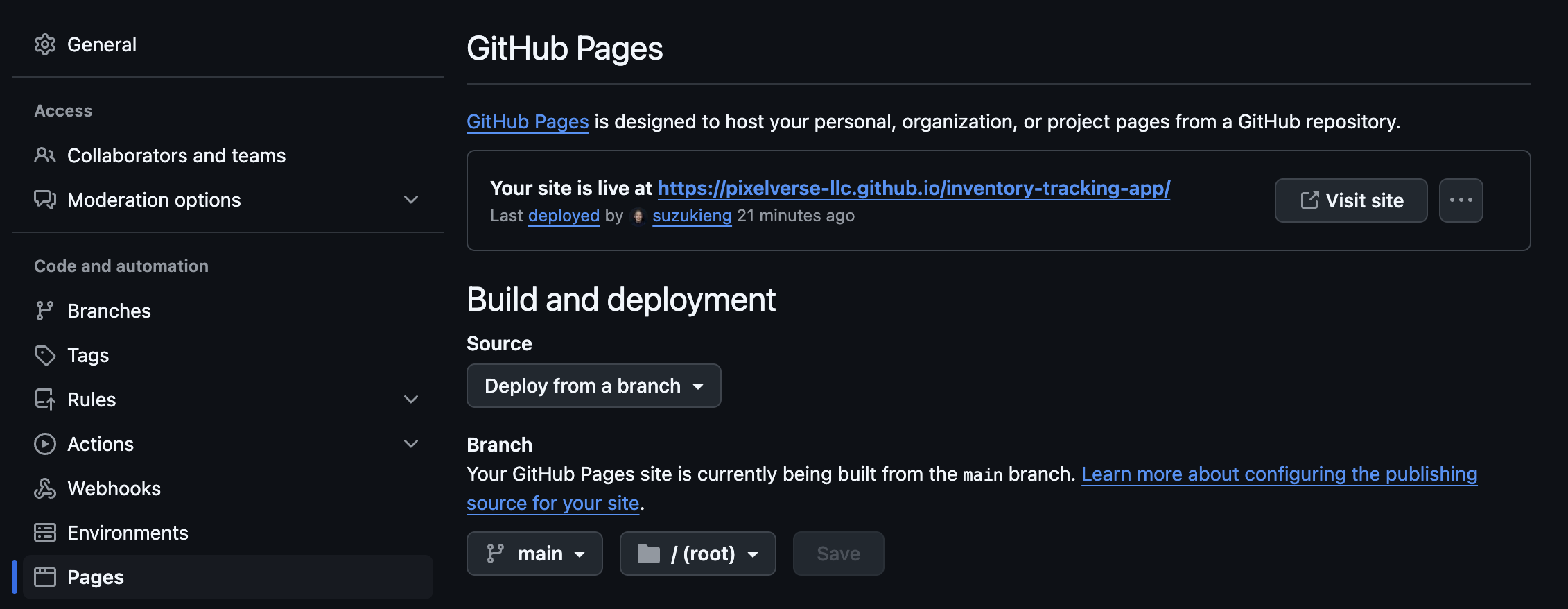 Screenshot of Github Pages configuration Screenshot of Github Pages configuration