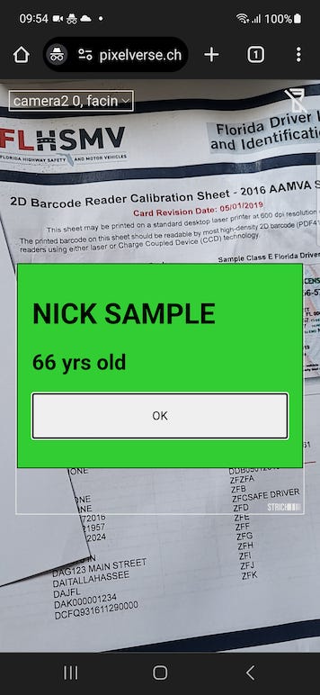 Screenshot of PDF417 sample age verification app