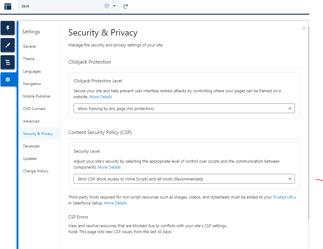 Security and Privacy settings screenshot